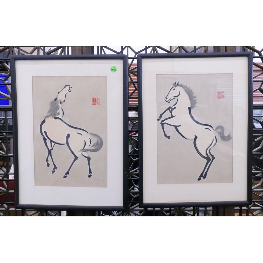 Pair Urushibara Mokuchu Japanese Horse Woodblock Prints Framed- 19x14'' each
