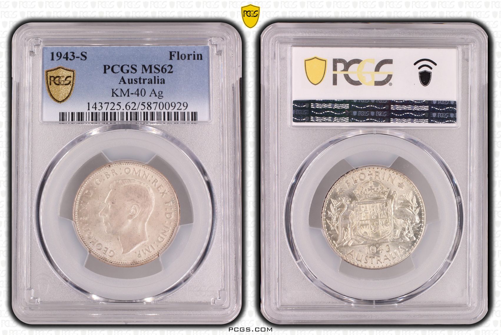 George VI, Florin, 1943-S, PCGS MS62
