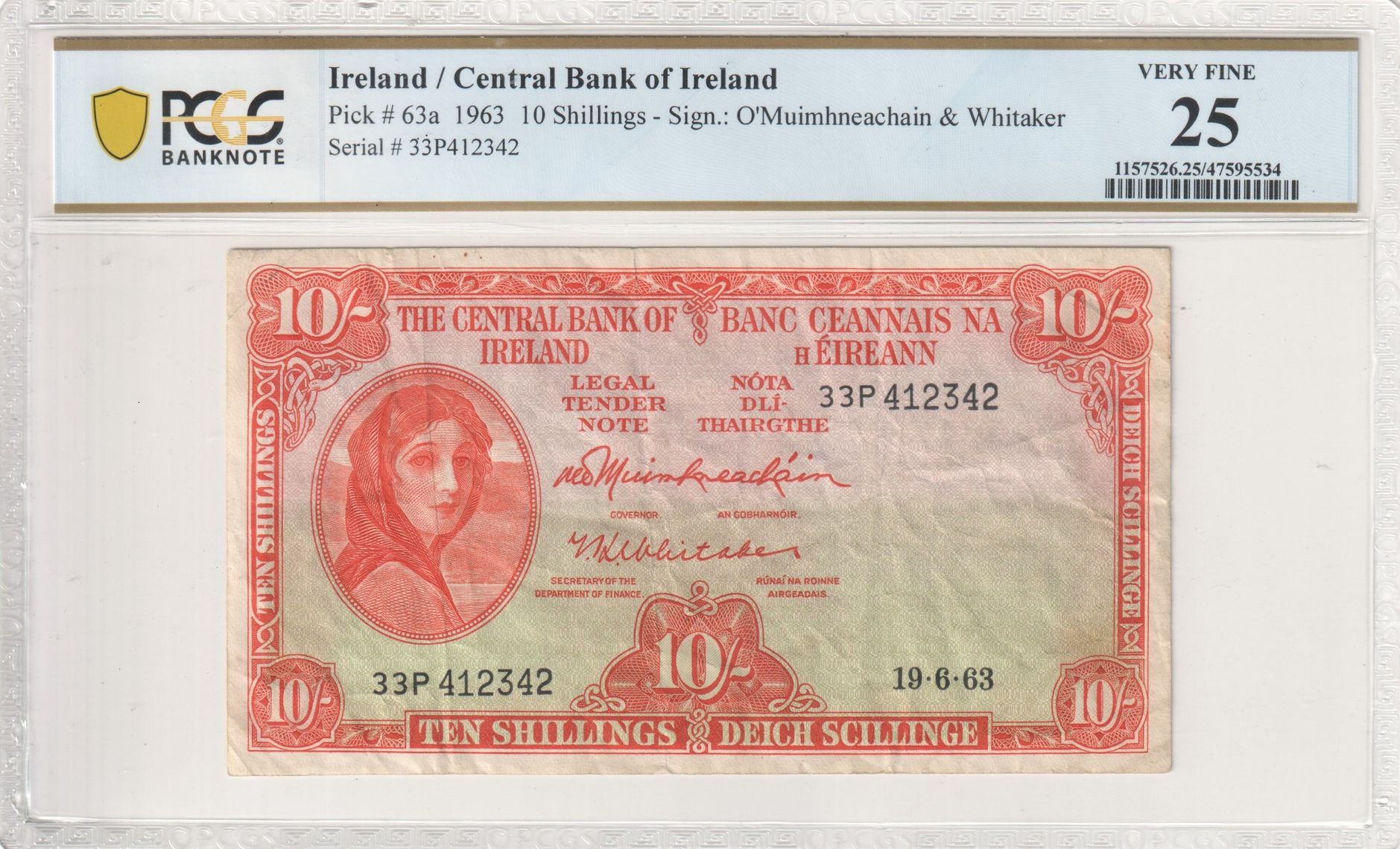 Ireland, Central Bank of Ireland, O'Muimhneachain & Whitaker, Ten Shilling, 1963, PCGS Very Fine 25
