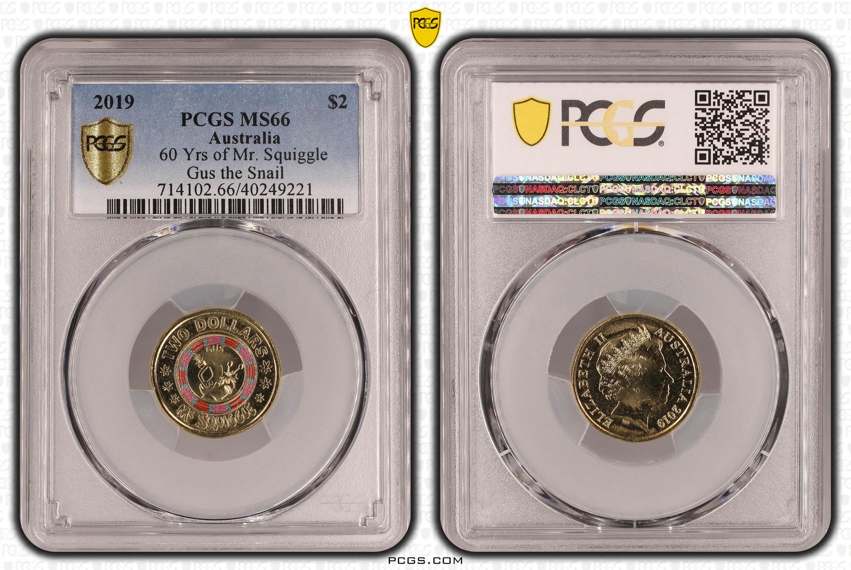 60 Yrs of Mr. Squiggle Gus the Snail Colorized, Two Dollar, 2019, PCGS MS66