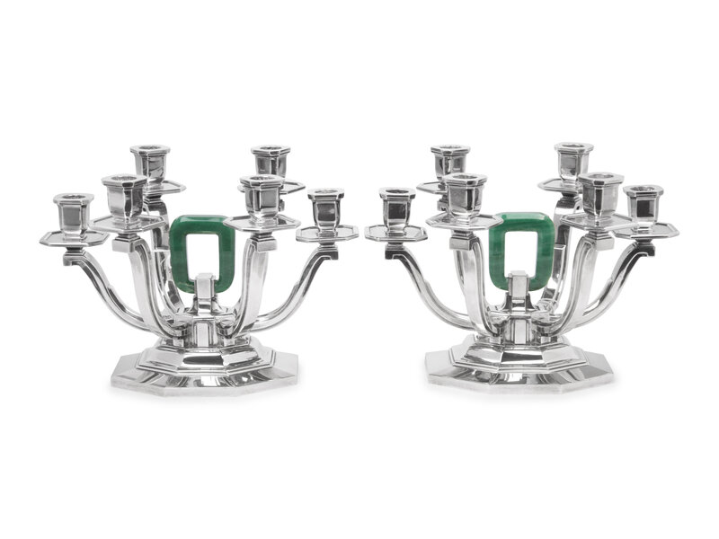 A Pair of French Silver and Aventurine Quartz Six-Light Candelabra