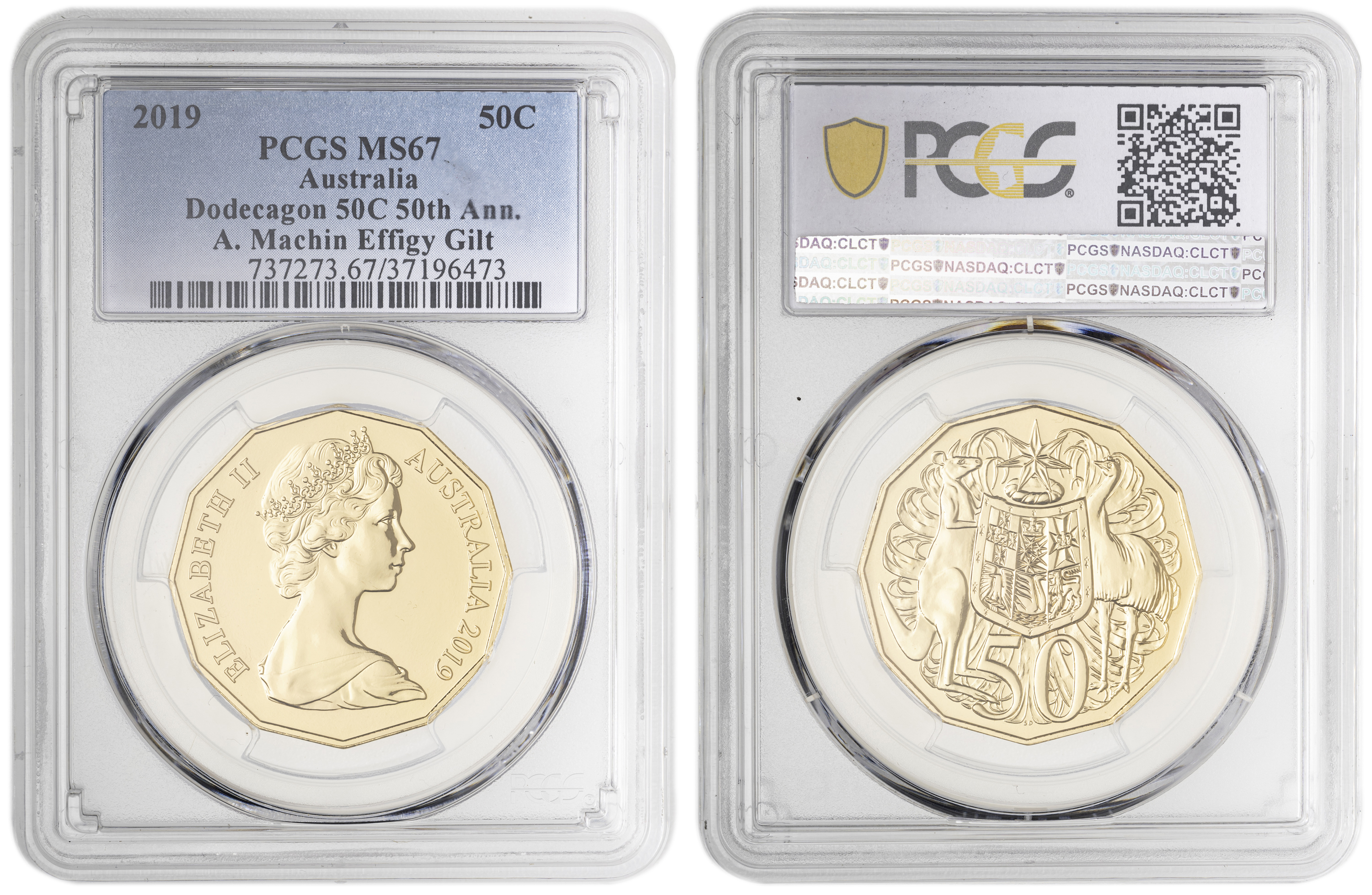 Dodecagon 50C 50th Ann. A. Machin Effigy Gilt , Fifty Cent, 2019, PCGS MS67