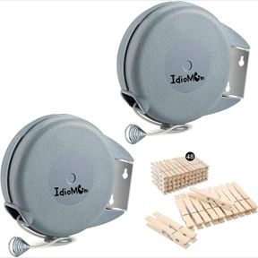 IDIOMUM PACK OF 2 HEAVY DUTY RETRACTABLE CLOTHESLINE 40 FEET WITH 48 CLOTHES PINS | PVC & NYLON CLOTHESLINE | GREY