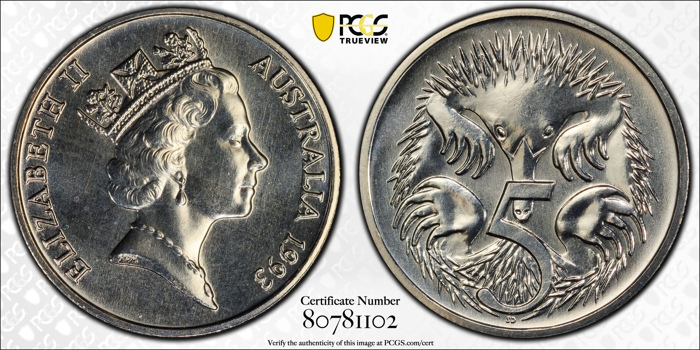 Small SD , Five Cent, 1993, PCGS MS68