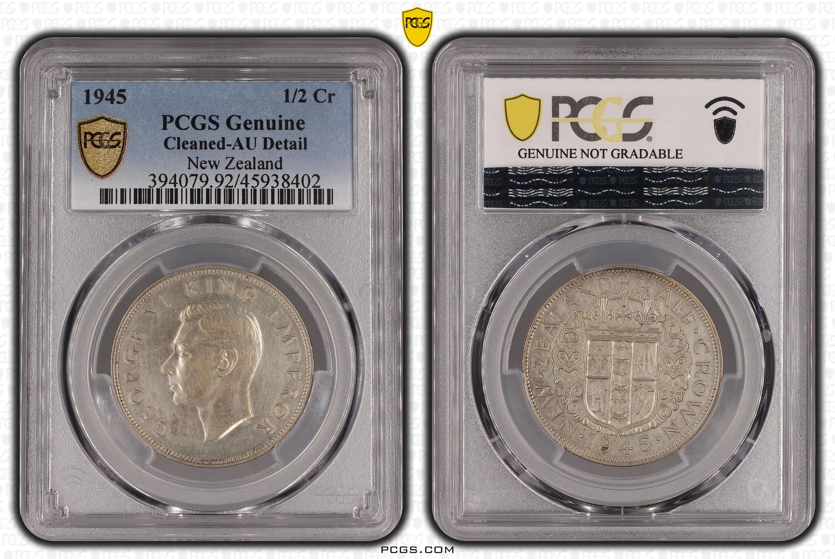 1945 New Zealand 1/2 Crown PCGS - Genuine - AU Details (92 - Cleaned) -402