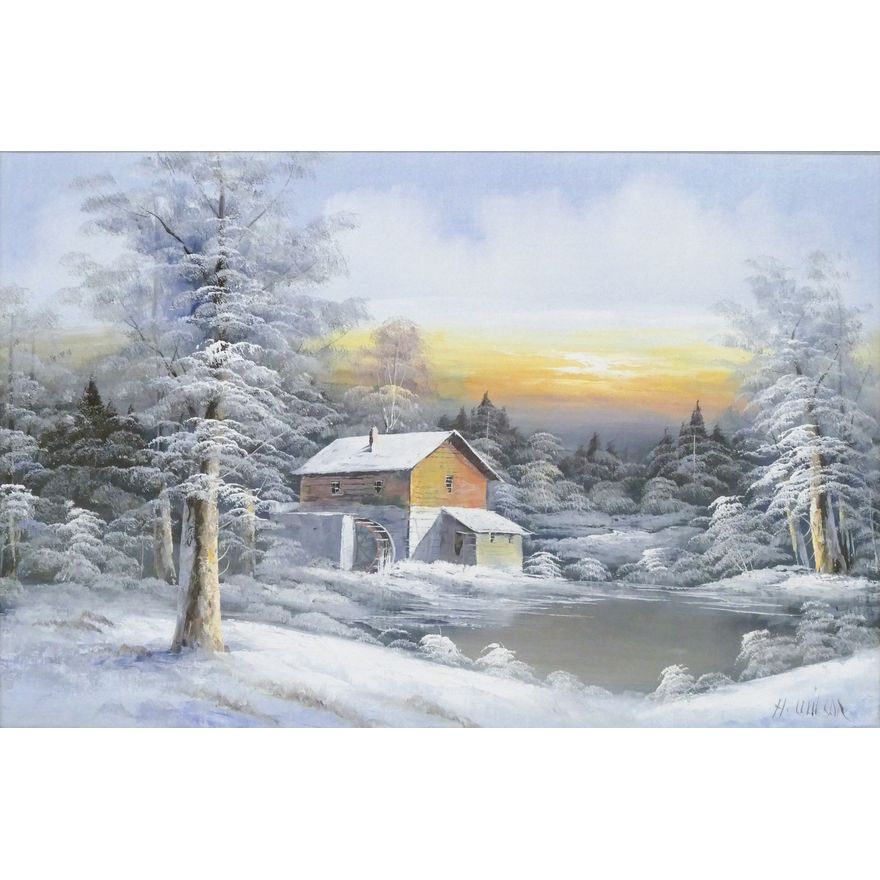 Snowy Mill and Pond Scene Oil on Canvas Framed 41" x 29.5"