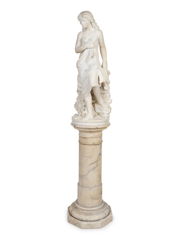 A Continental Marble Figure of a Female Bather on Pedestal
Figure height 33 x width 12 x depth 12 inches; pedestal height 30 x diameter 14 1/2 inches.
