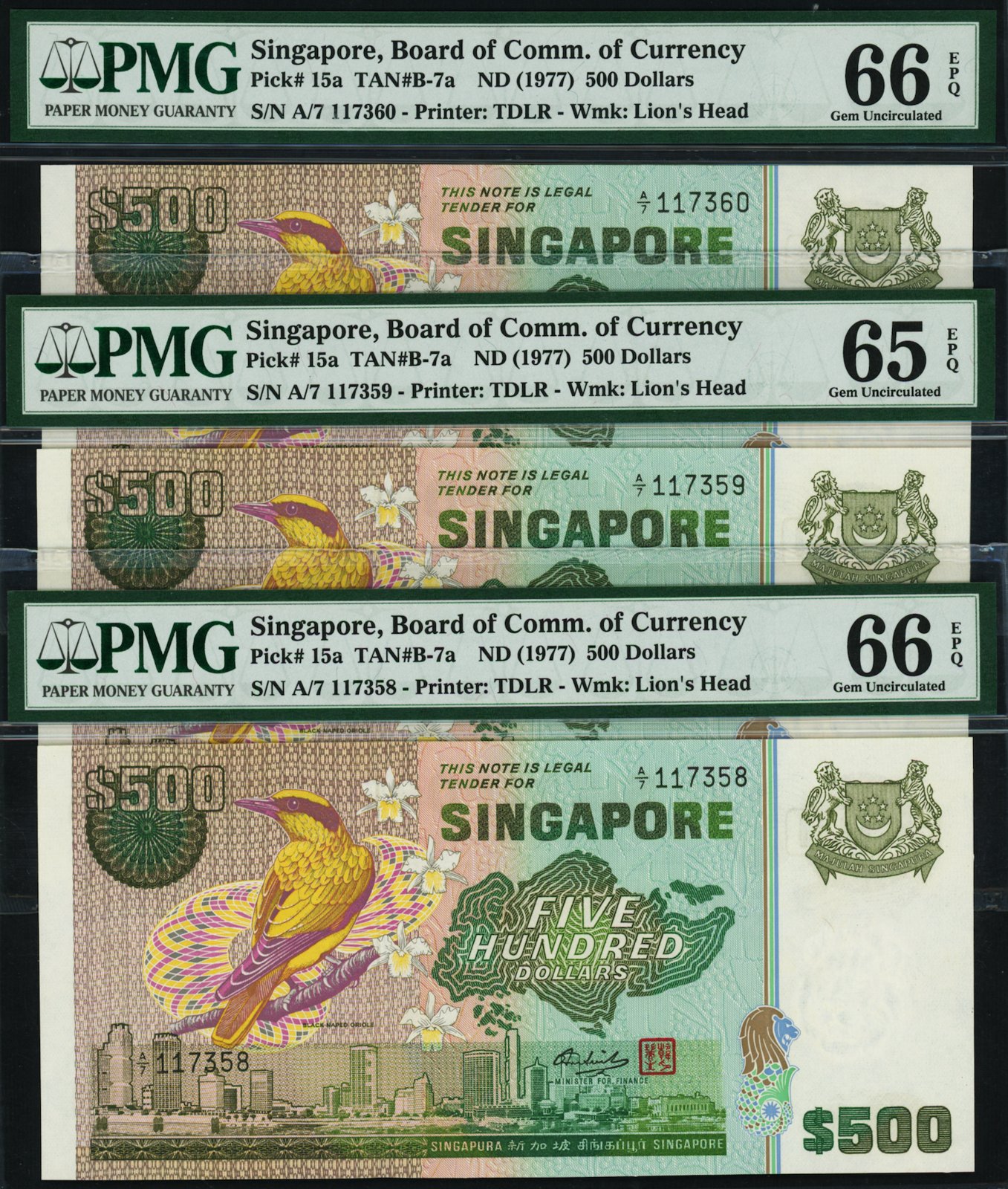 Singapore Bird 1977 $500 consecutive A/7 117358-360 PMG 66EPQ(2