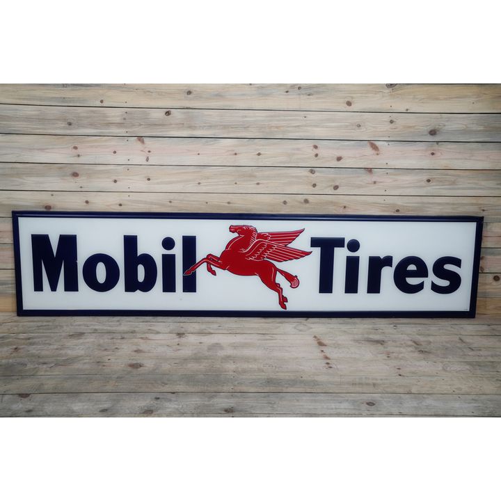 Mobil Tires w/ Pegasus Logo Wood Backed Large Single Sided Embossed Tin Sign TAC 8.75