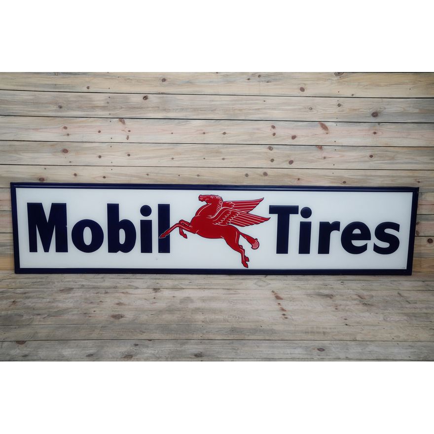 Mobil Tires w/ Pegasus Logo Wood Backed Large Single Sided Embossed Tin Sign TAC 8.75