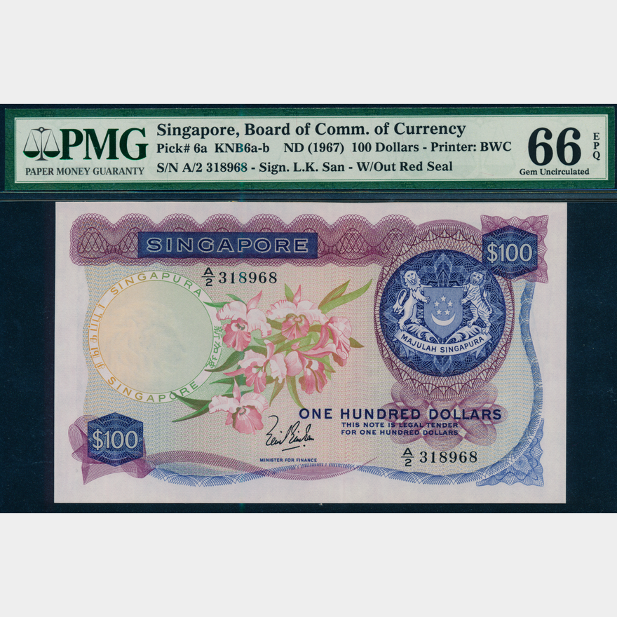 Singapore Orchid 1967 $100 LKS A/2 318968 PMG 66EPQ | Monetarium 