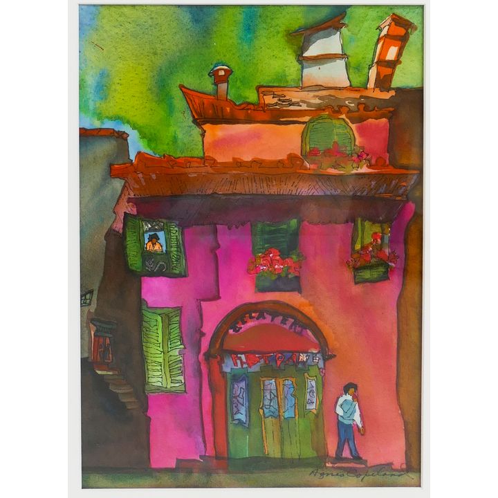 Agnes Copeland Italian Street Scene Watercolor Painting. Framed. Image measures 13x9'' with overall framed dimensions of 22x18''
