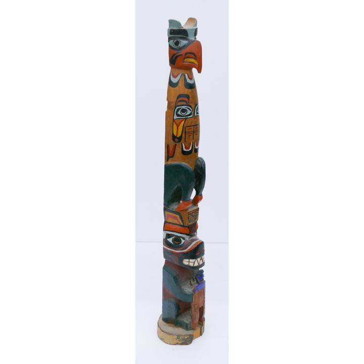 Old Painted NW Coast Style Cedar Totem Model- 22'' (missing wings)