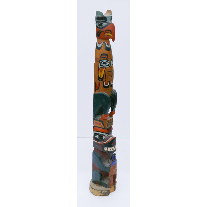 Old Painted NW Coast Style Cedar Totem Model- 22'' (missing wings)