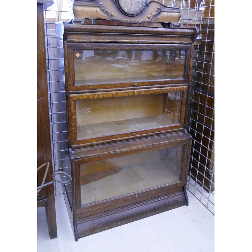 Antique Oak 3 Stack Barrister Bookcase- crack to glass on bottom door- 51x3413''