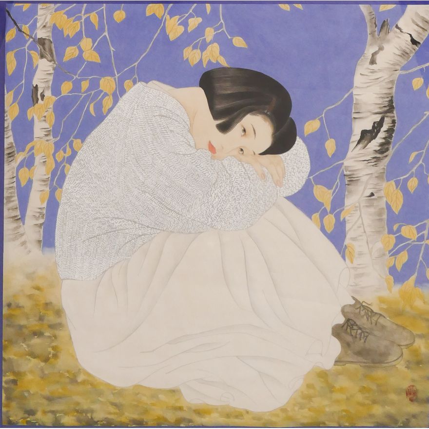 Large Gouache Painting of Asian Girl in the Trees. Unknown artist, chop mark at lower right.