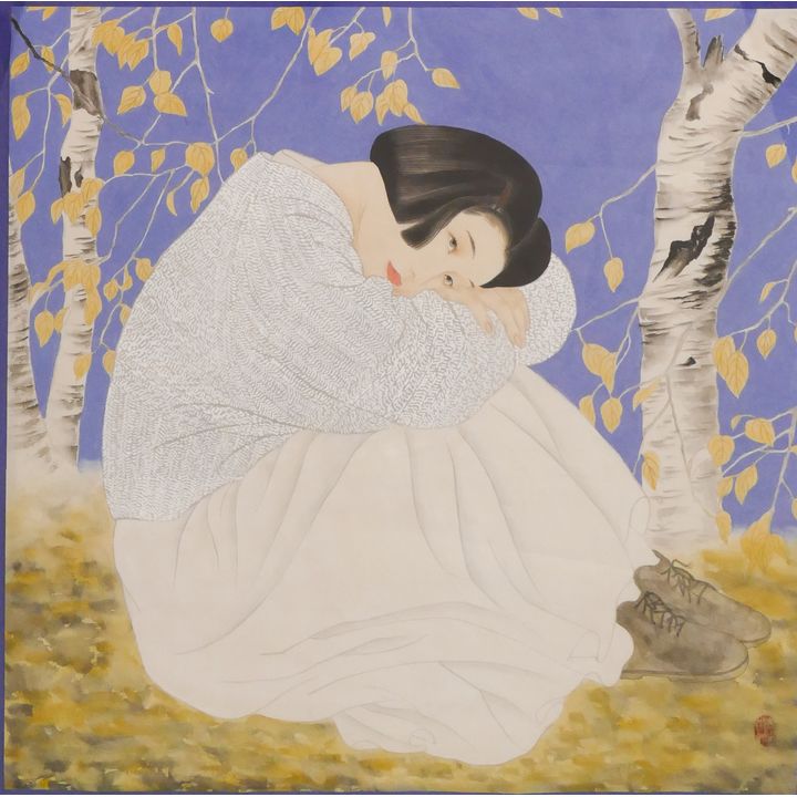 Large Gouache Painting of Asian Girl in the Trees. Unknown artist, chop mark at lower right.
