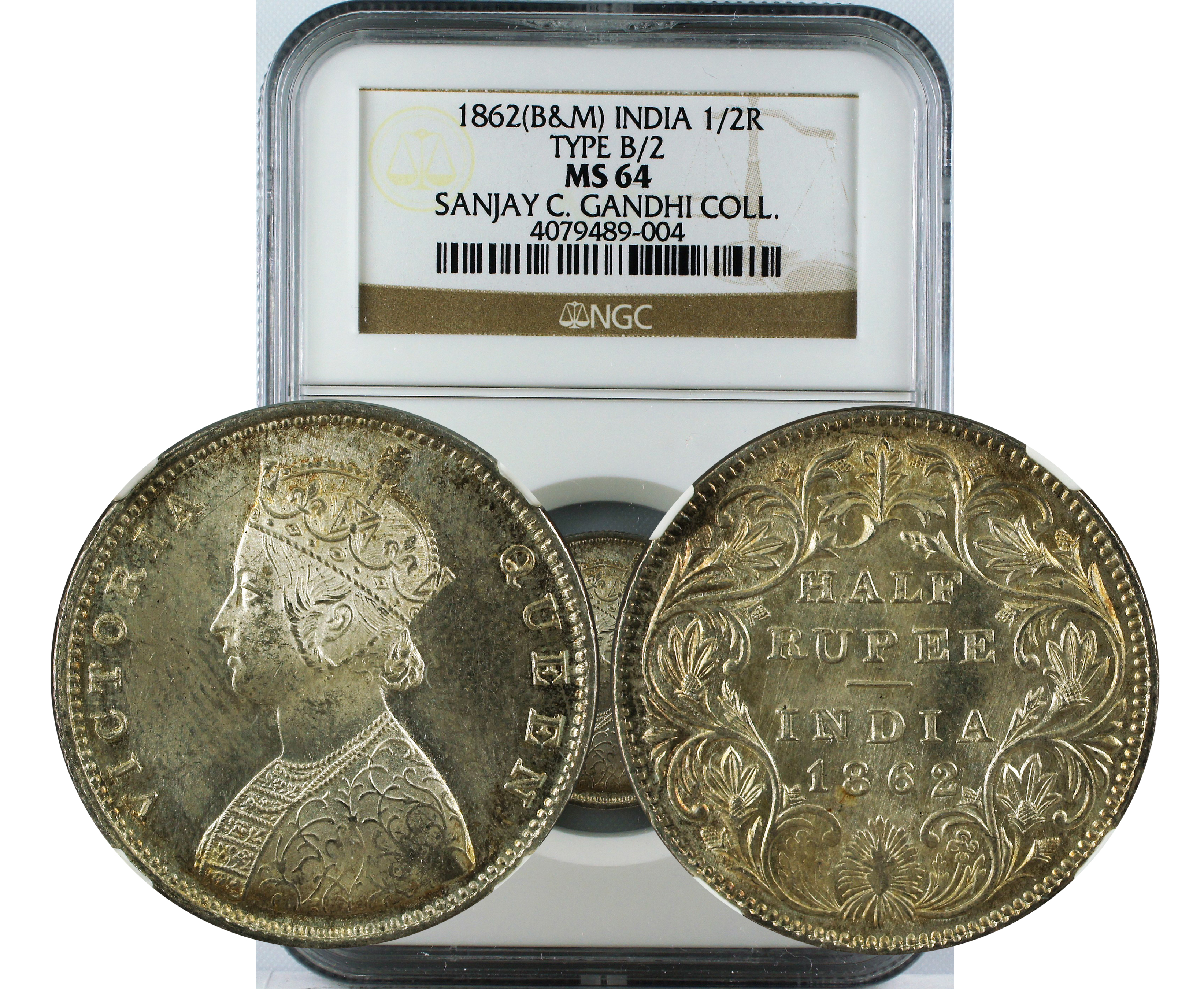 1862 (B&M) INDIA 1/2 RUPEE TYPE B/2 MS64