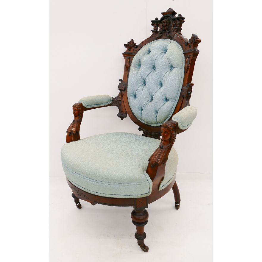 Victorian Carved Walnut Tuffed Armchair- 45''