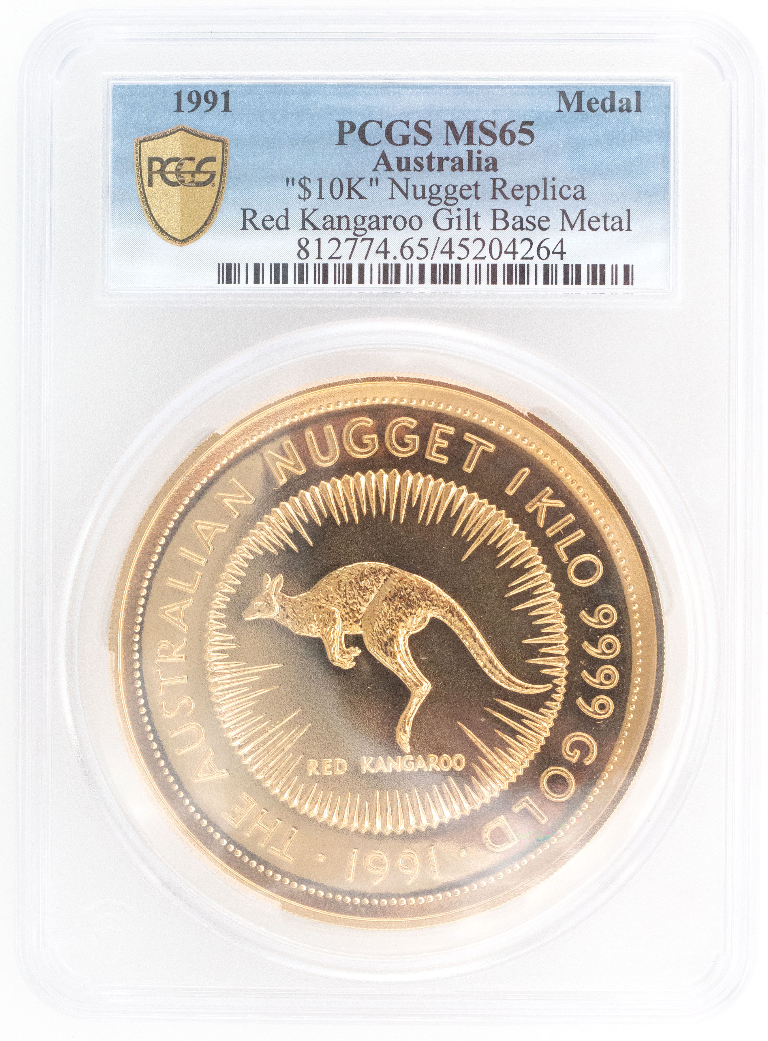 1991 Australia Ten Dollar, $10 Advertising Sample Kangaroo (1 Kg Au) PCGS - MS65 -264