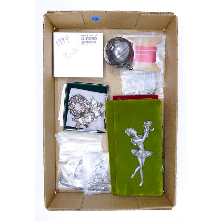 Box Misc. Pewter & Silveplated Christmas Ornaments etc.