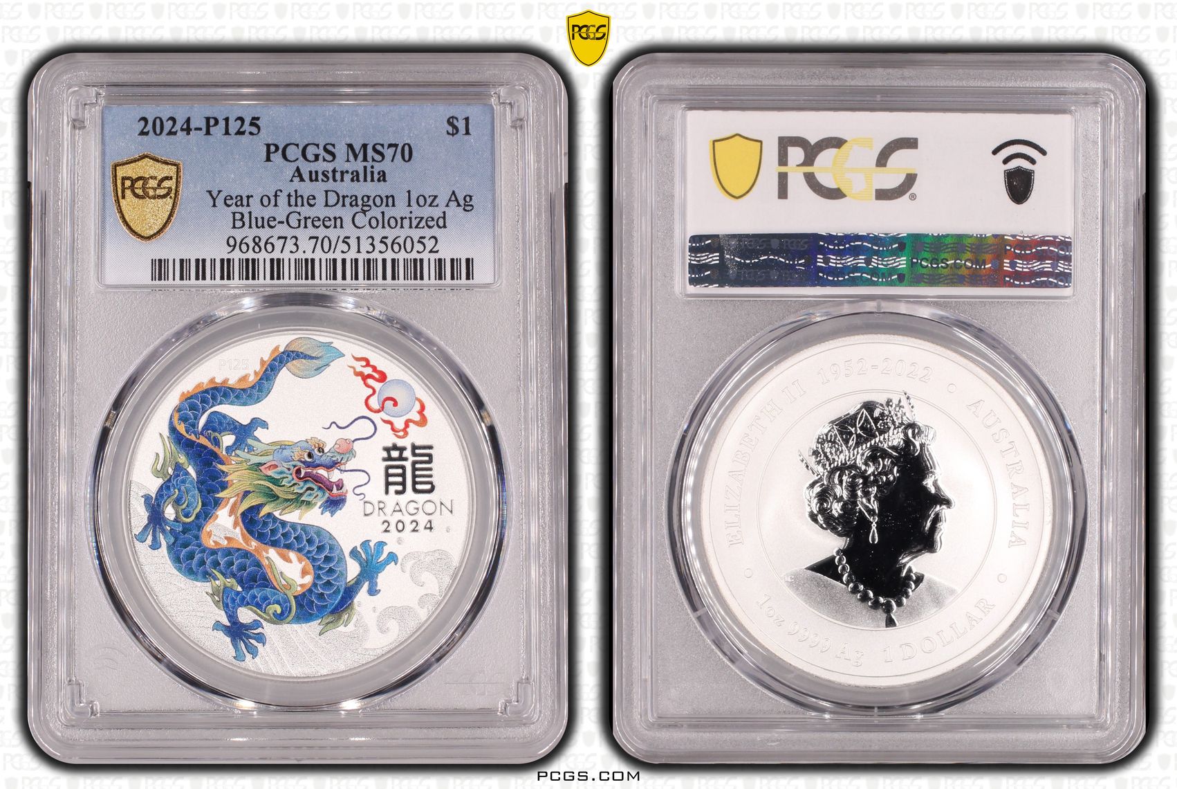 Year of the Dragon Ag Blue-Green Colorized, One Dollar, 2024-P125, PCGS MS70