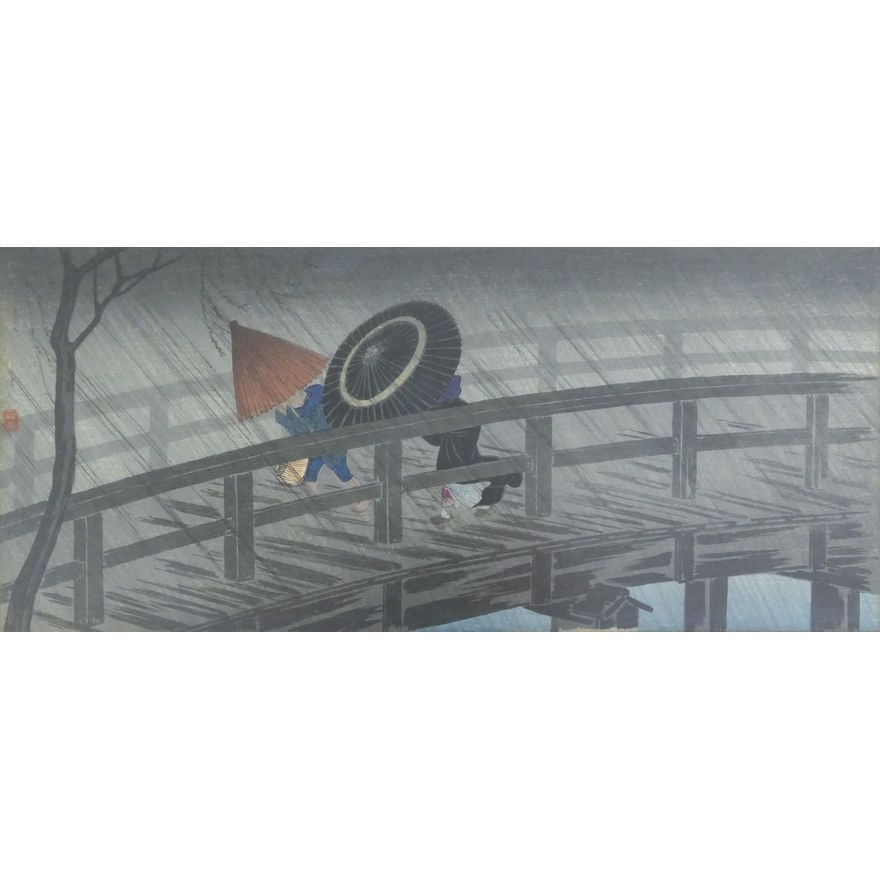 Takahashi Shotei ''Rain on Izumibashi Bridge'' Woodblock
