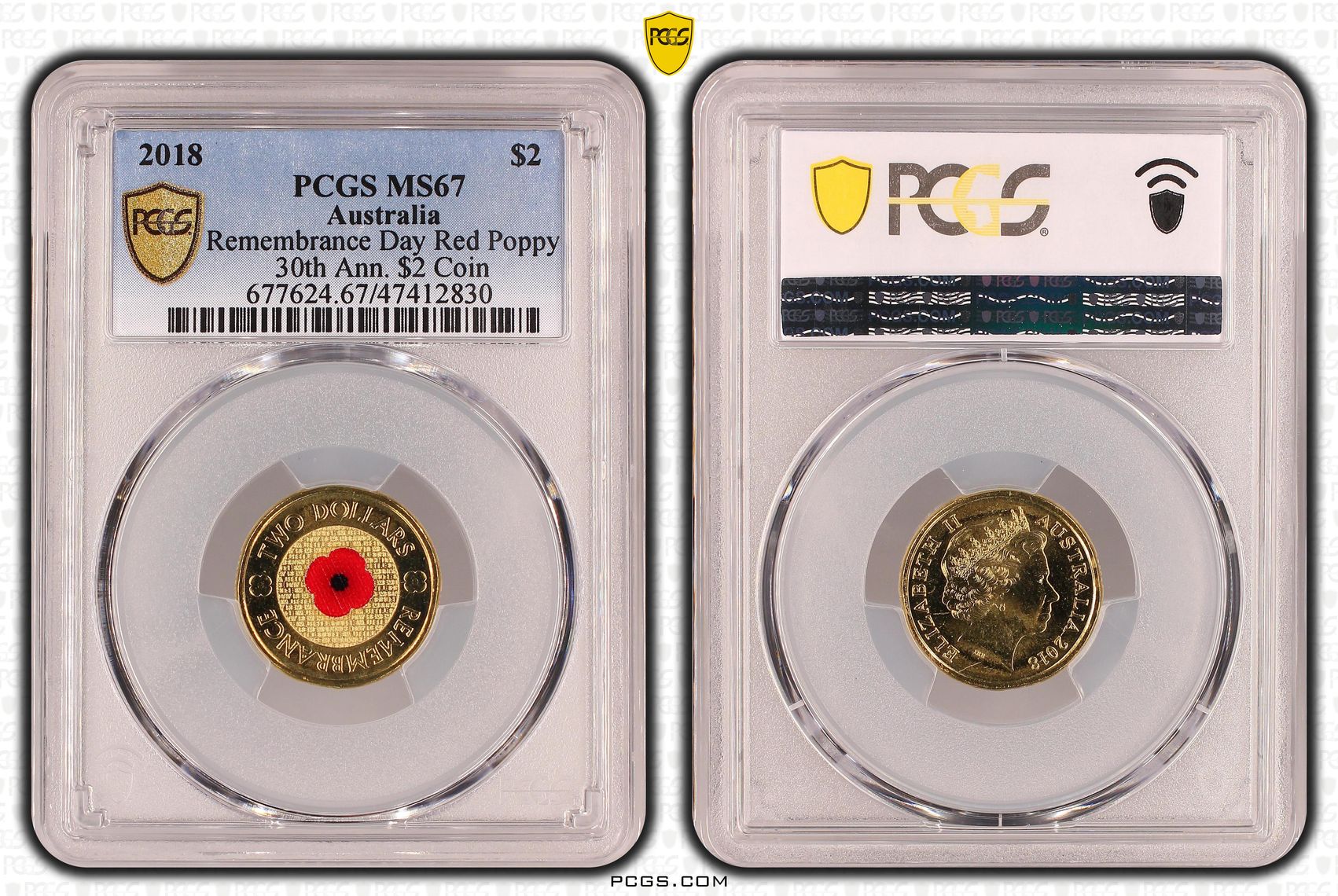 Remembrance Day Red Poppy 30th Ann. $2 Coin Colorized , Two Dollar, 2018, PCGS MS67