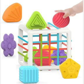 MINGKIDS MONTESSORI TOYS FOR 1 YEAR OLD,BABY SORTER TOY COLORFUL CUBE AND 6 PCS MULTI SENSORY SHAPE,DEVELOPMENTAL LEARNING TOYS FO