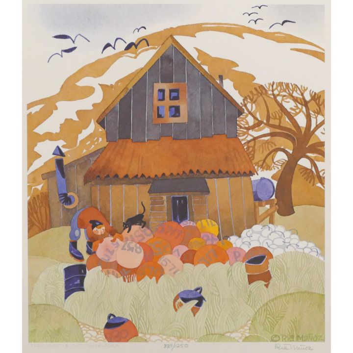Rie Munoz ''Fisherman & Cat - Unalaska''  Signed Print 16'' x 14.5'' Sheet.