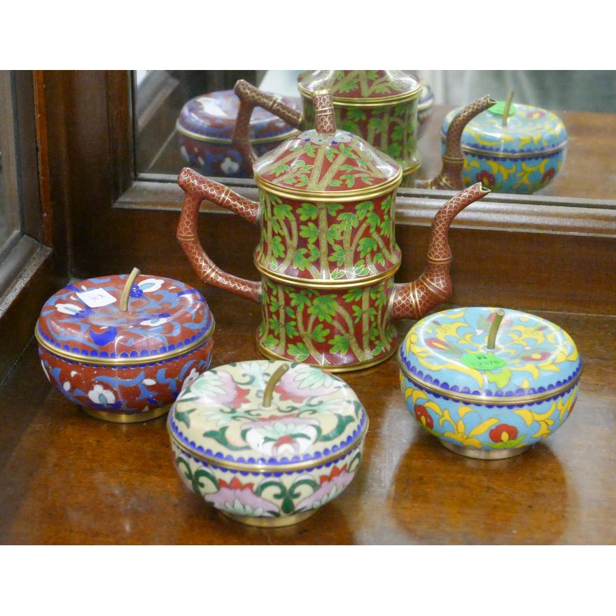 4pc Chinese Cloisonne Teapot and Apple Jars 3'' to 5''