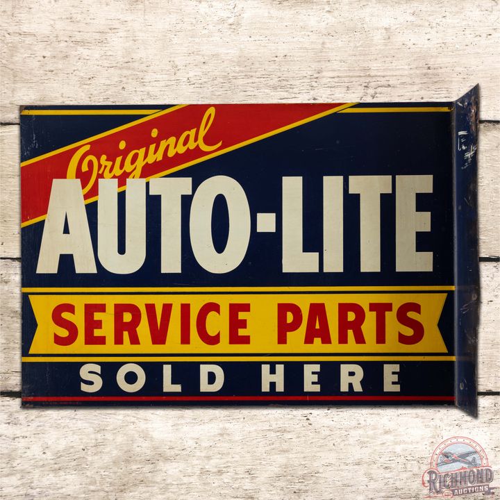 Original Auto-Lite Service Parts Sold Here Double Sided Tin Flange Sign