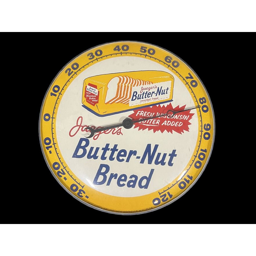 Jaegers Butter Nut Bread Wisconsin Butter Tin Metal Thermometer
