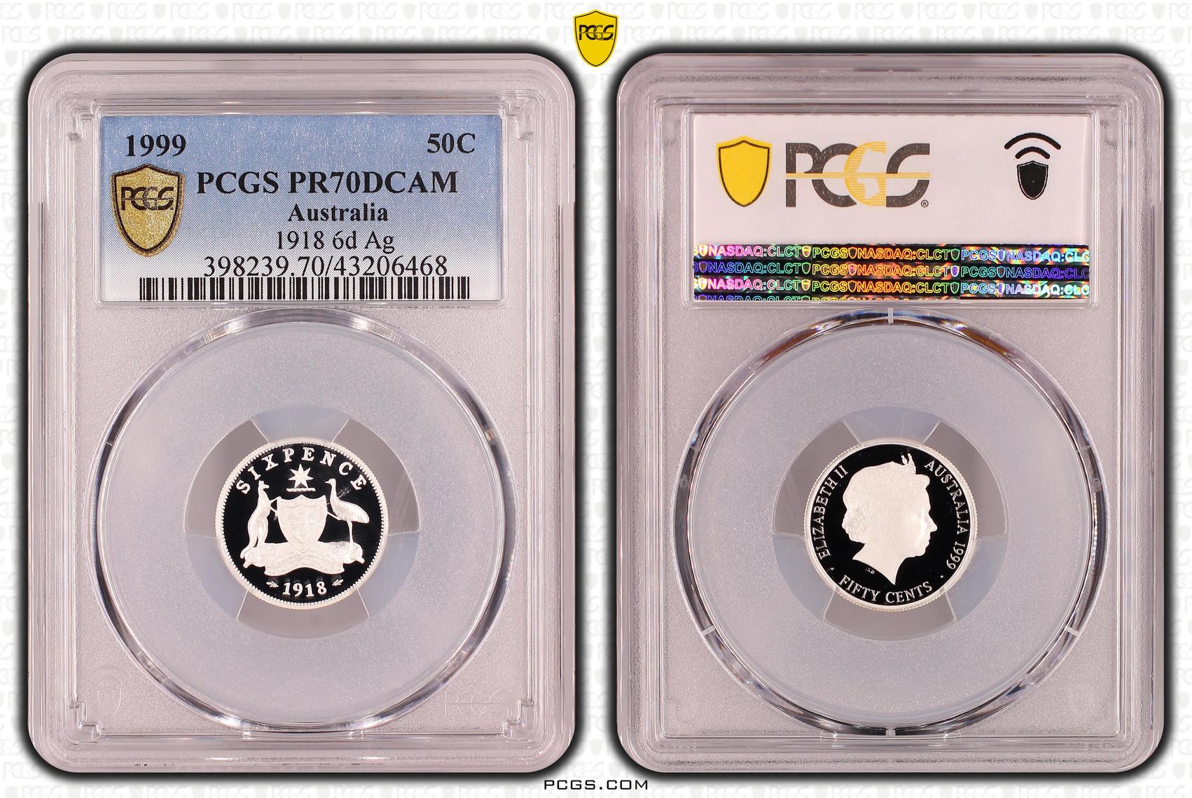 1999 Australia Fifty Cent, 50c Silver Proof 1918 6d Ag PCGS - PR70DCAM POP 31/0 -468