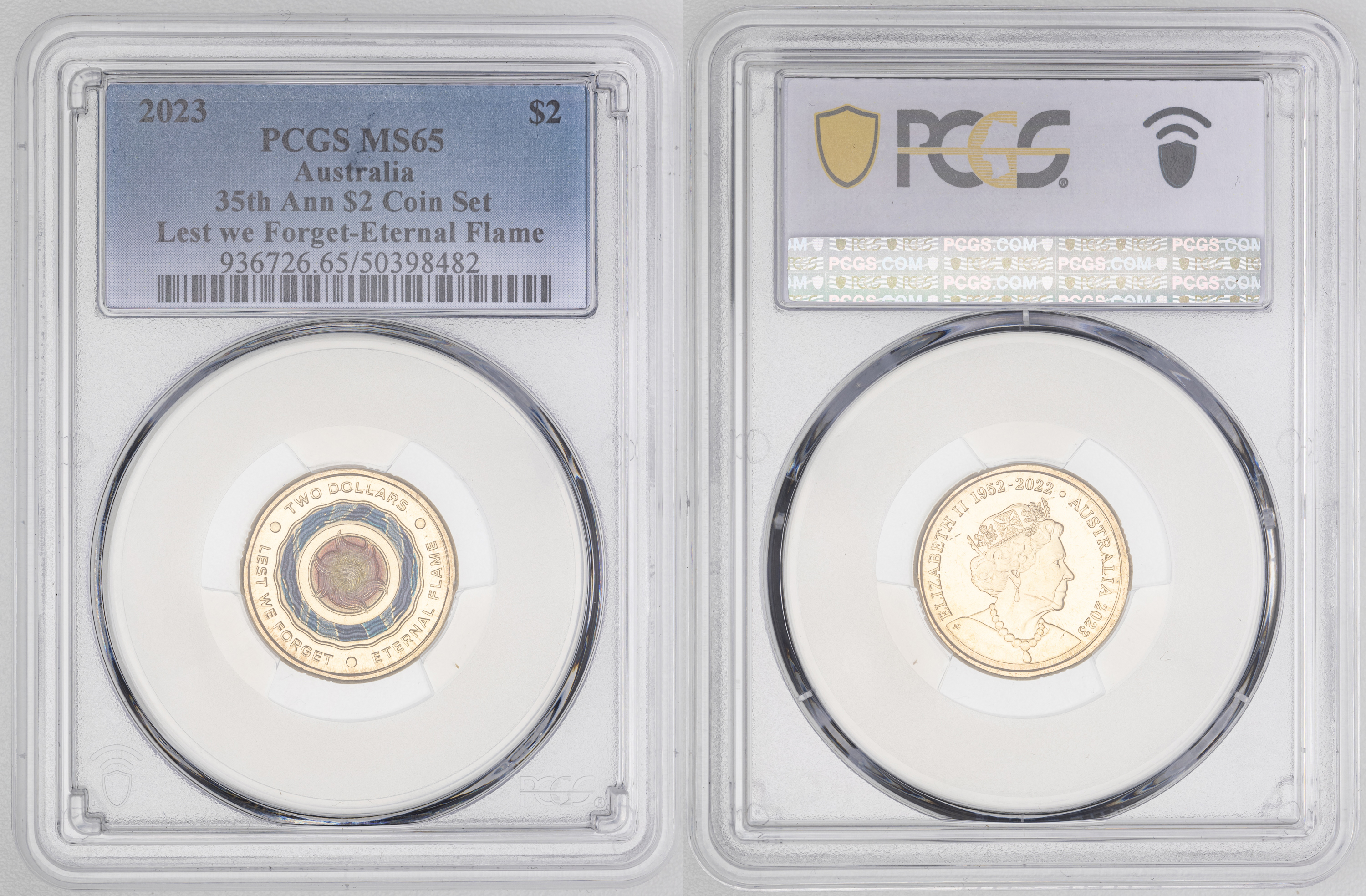 Elizabeth II, 35th Ann $2 Coin Set Lest we Forget Lest we Forget-Eternal Flame, Two Dollar, 2023, PCGS MS65