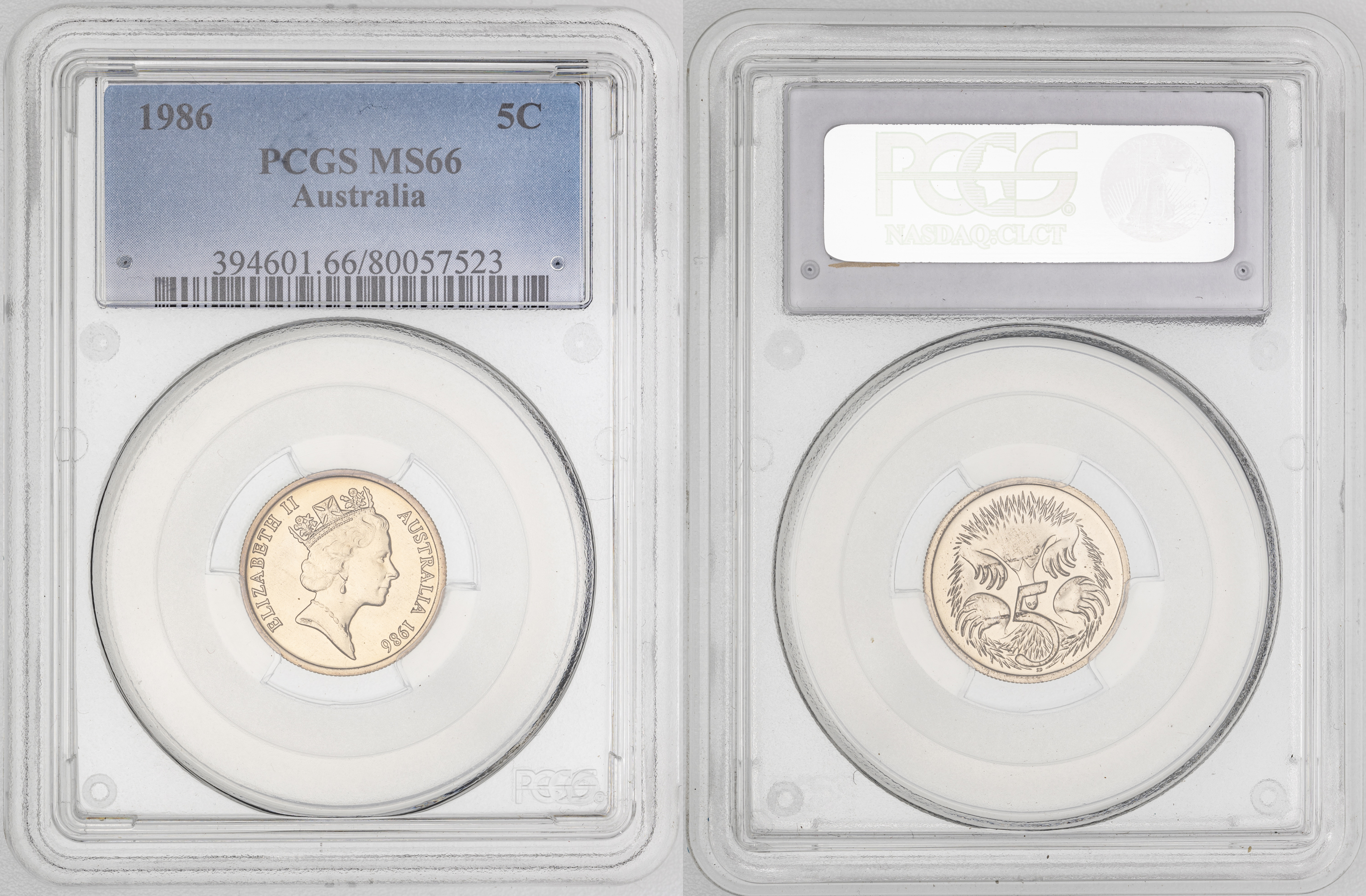 Elizabeth II, Low Echidna , Five Cent, 1986, PCGS MS66