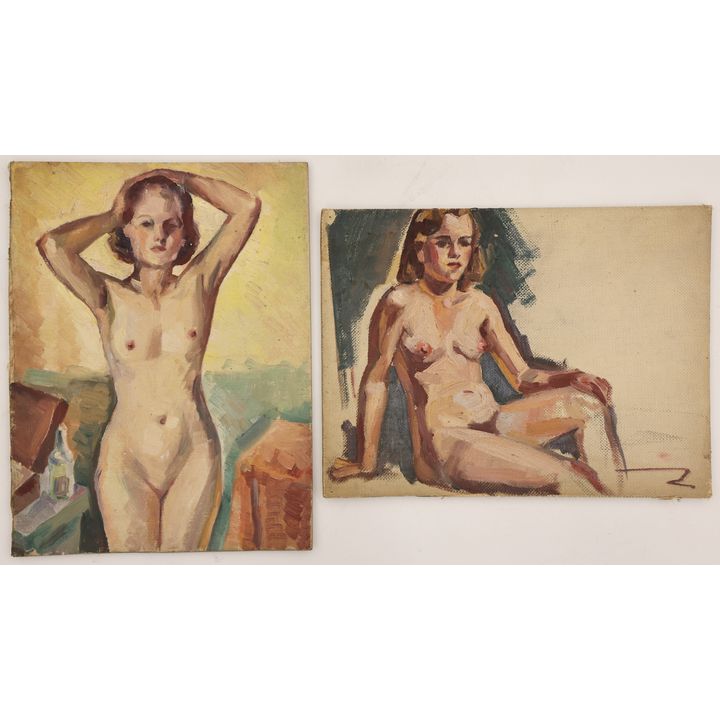 2pc Harry Bonath 1930's Female Nude Oils on Canvas Board 9''x12''