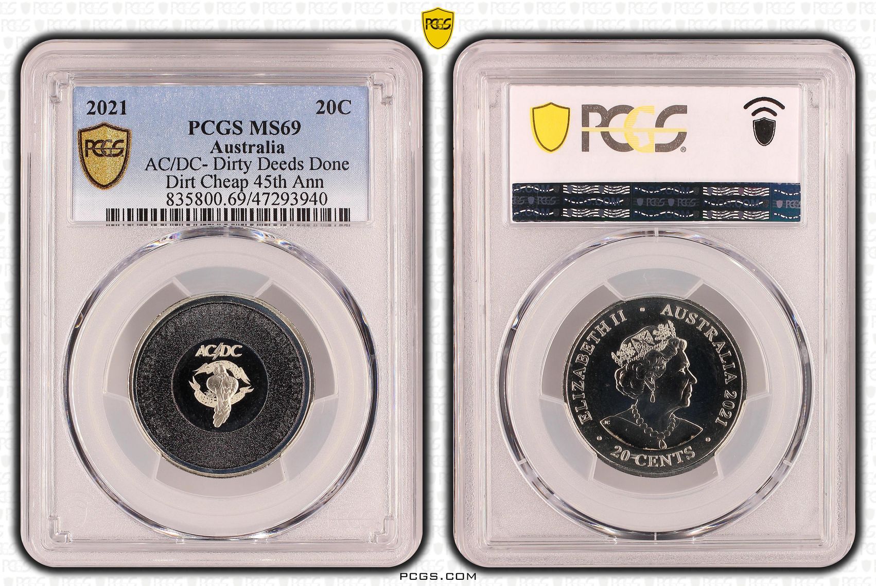 Elizabeth II, AC/DC- Dirty Deeds Done Dirt Cheap 45th Anniversary, Twenty Cent, 2021, PCGS MS69