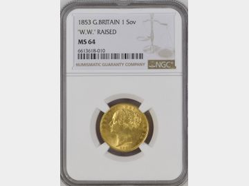 1853 VICTORIA W.W. RAISED SHIELD GOLD SOVEREIGN MS64