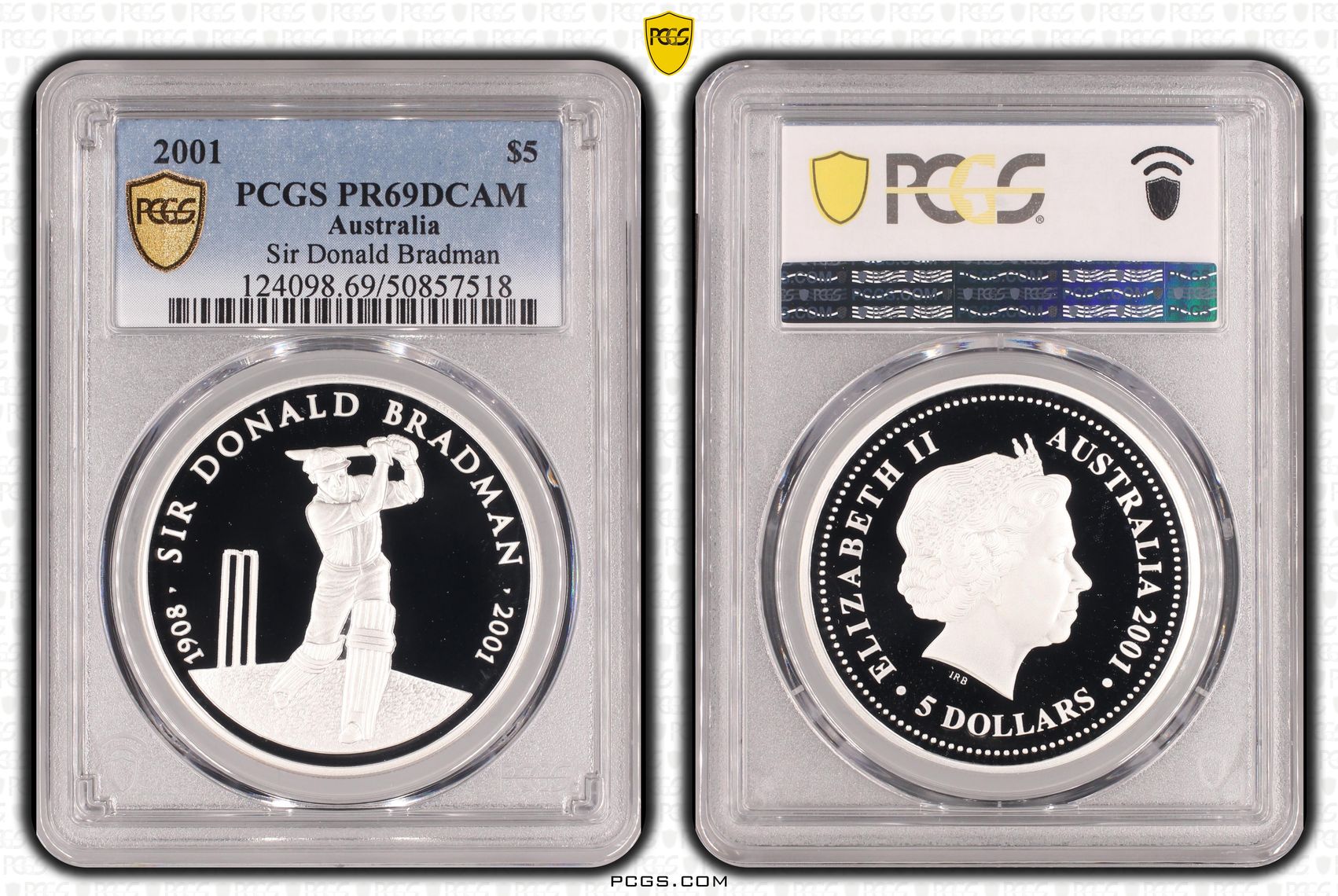 Sir Donald Bradman, Five Dollar, 2001, PCGS PR69DCAM