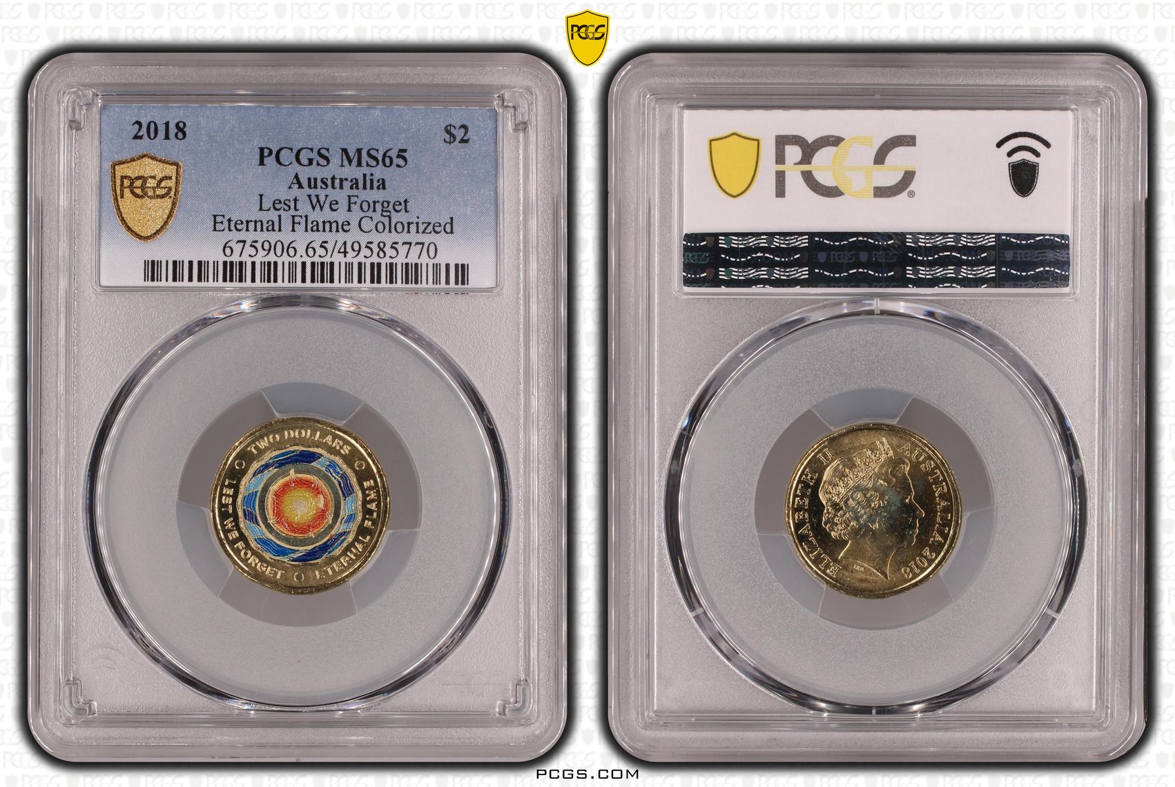 461 · Elizabeth II, Lest We Forget - Eternal Flame Colorized , Two Dollar, 2018, PCGS MS65