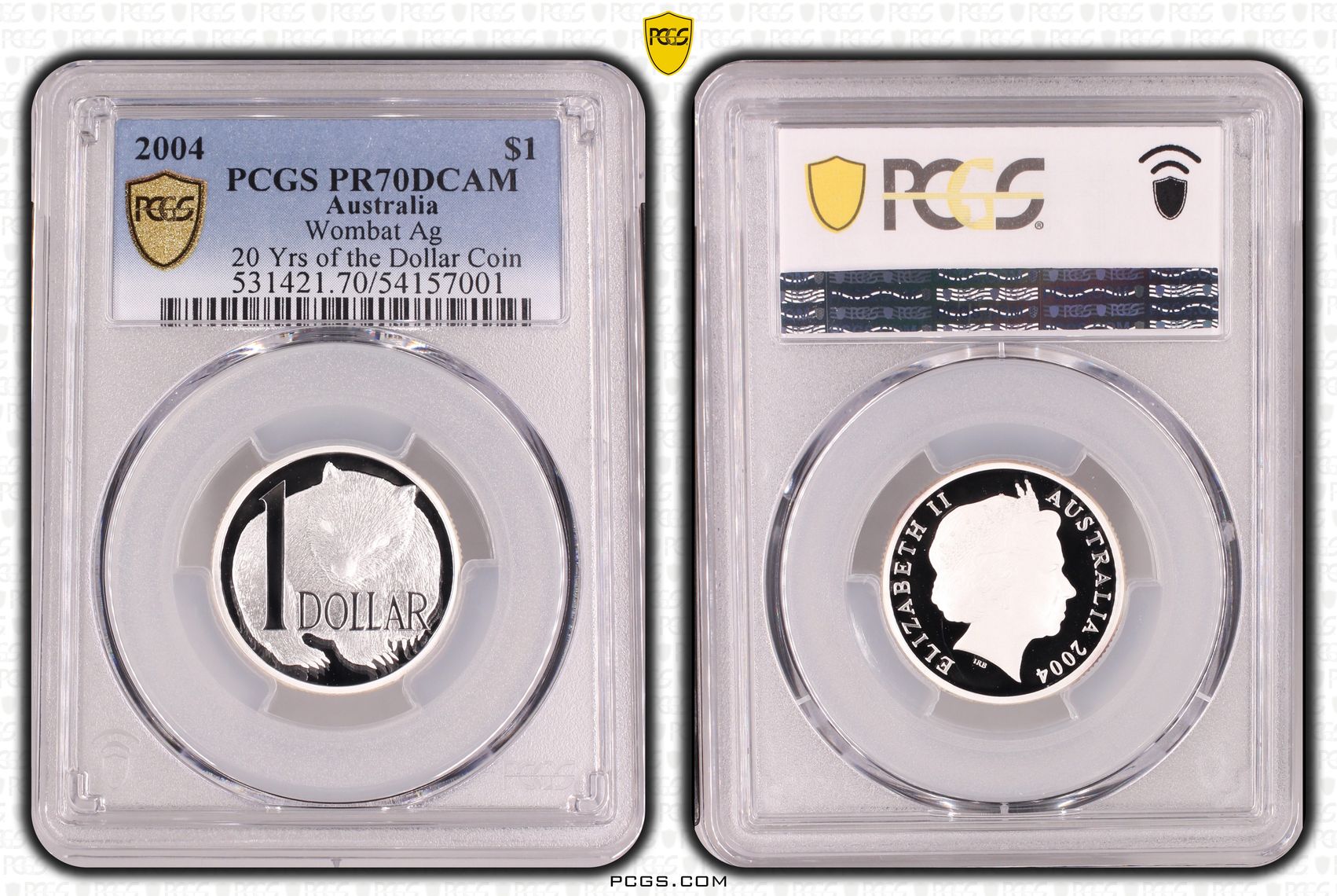 Wombat Ag 20 Yrs of the Dollar Coin, One Dollar, 2004, PCGS PR70DCAM