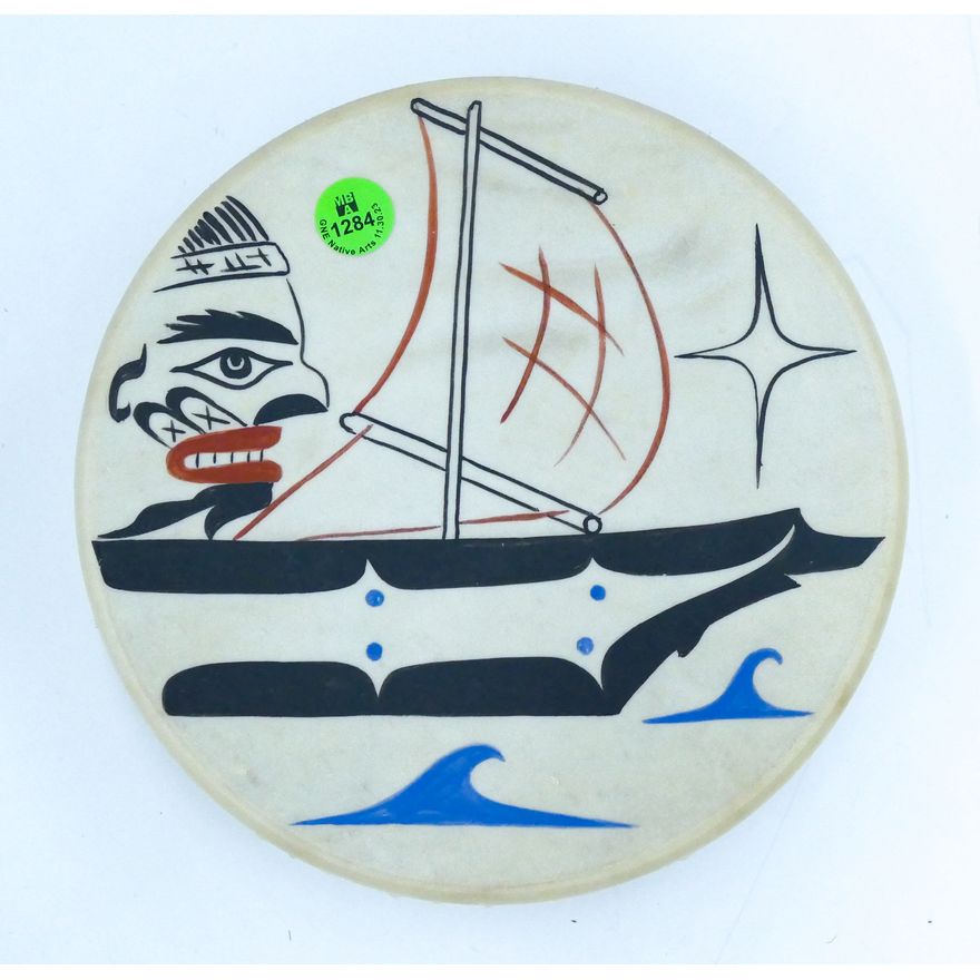 NW Coast Painted Small Drum with Canoe 8'' - Unsigned