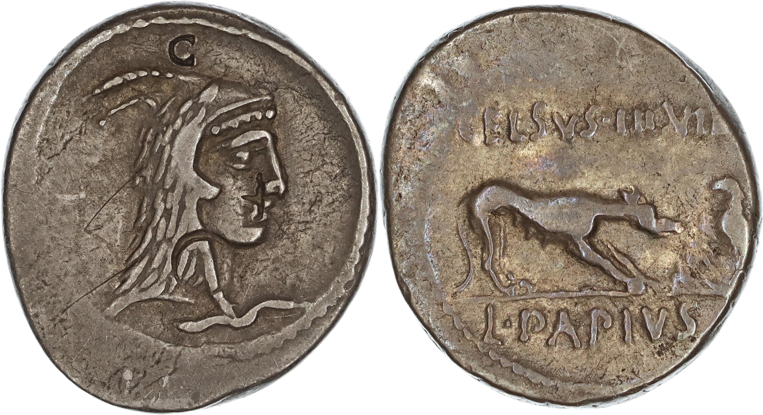 Roman Republic, Imperatorial Period, L. Papius L.f. Celsus, Silver Denarius, 45 BC, gF