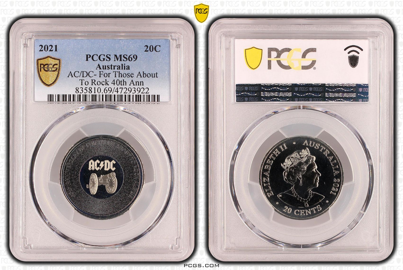 Elizabeth II, AC/DC- For Those About To Rock, Twenty Cent, 2021, PCGS MS69