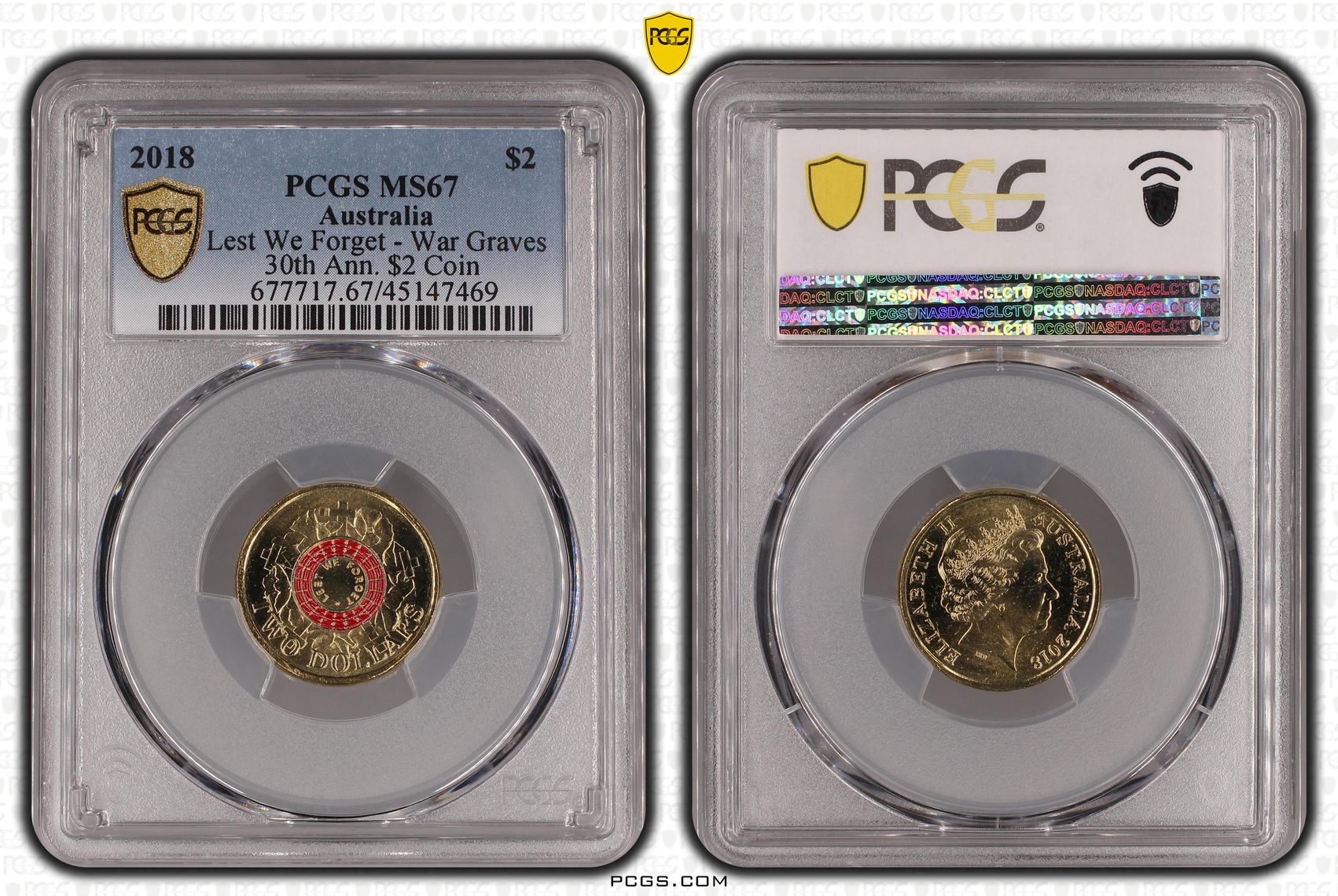2018 Australia Two Dollar, $2 Lest We Forget - War Graves 30th Ann. $2 Coin PCGS - MS67 -469