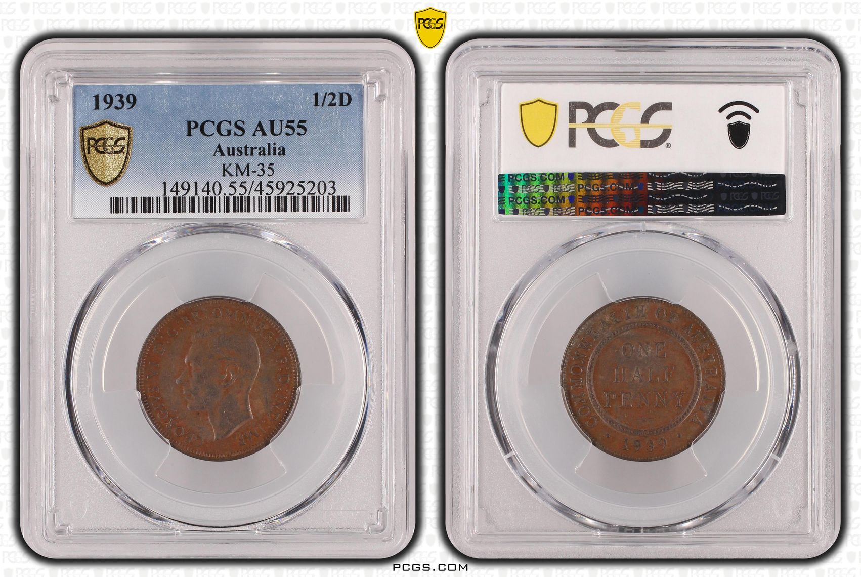 1939 Australia Half Penny KM-35 PCGS - AU55BN -203