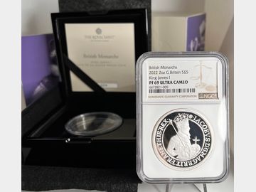 2022 ELIZABETH II 'JAMES I' SILVER 2oz PROOF 5 POUND COIN PF69 UCAM