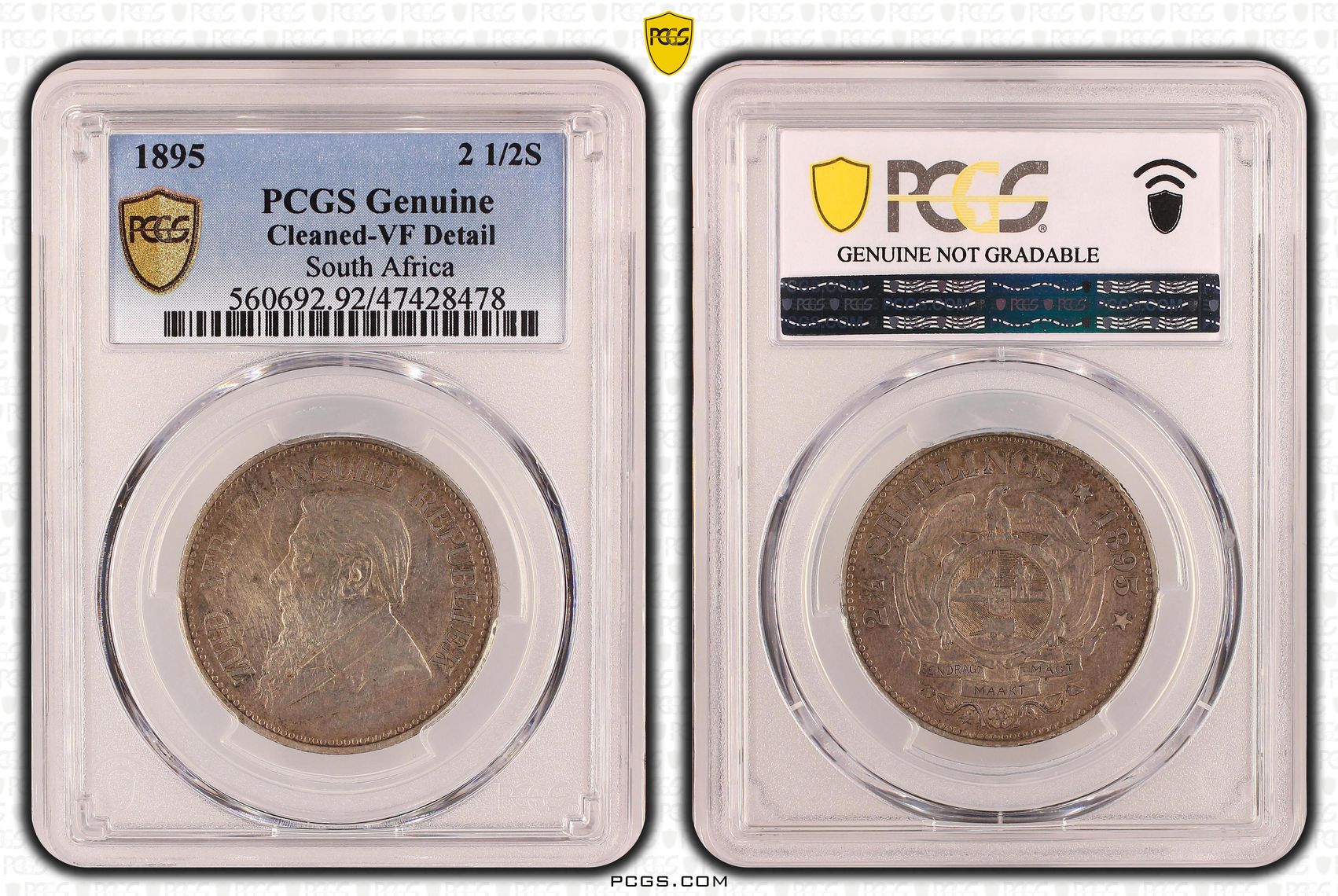 South Africa, Two and a half Shilling, 1895, PCGS Genuine - VF Details (92 - Cleaned)