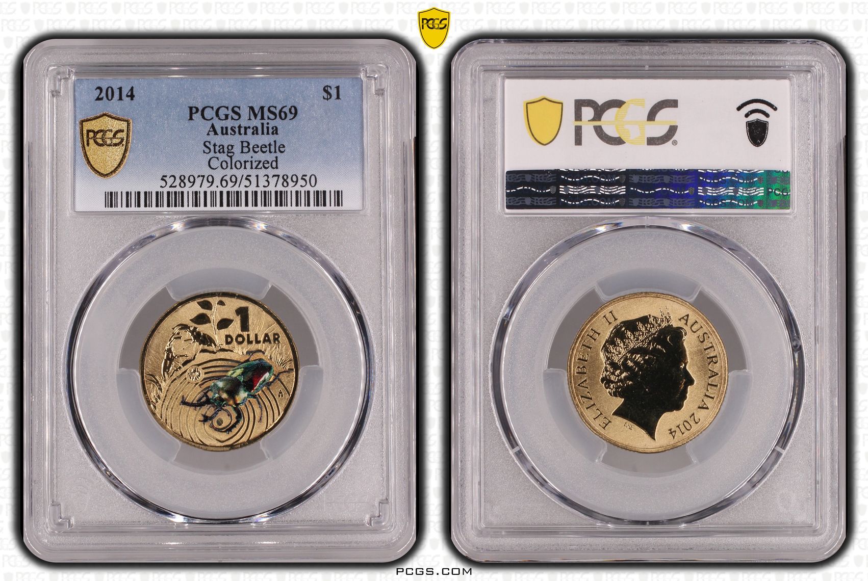 Stag Beetle Colorized, One Dollar, 2014, PCGS MS69